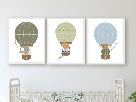 Hot Air Balloon Nursery Prints, Kids Woodland Animal Nursery Decor, Transport Nursery Wall Art, Boys Adventure Room Wall Decor Digital Print