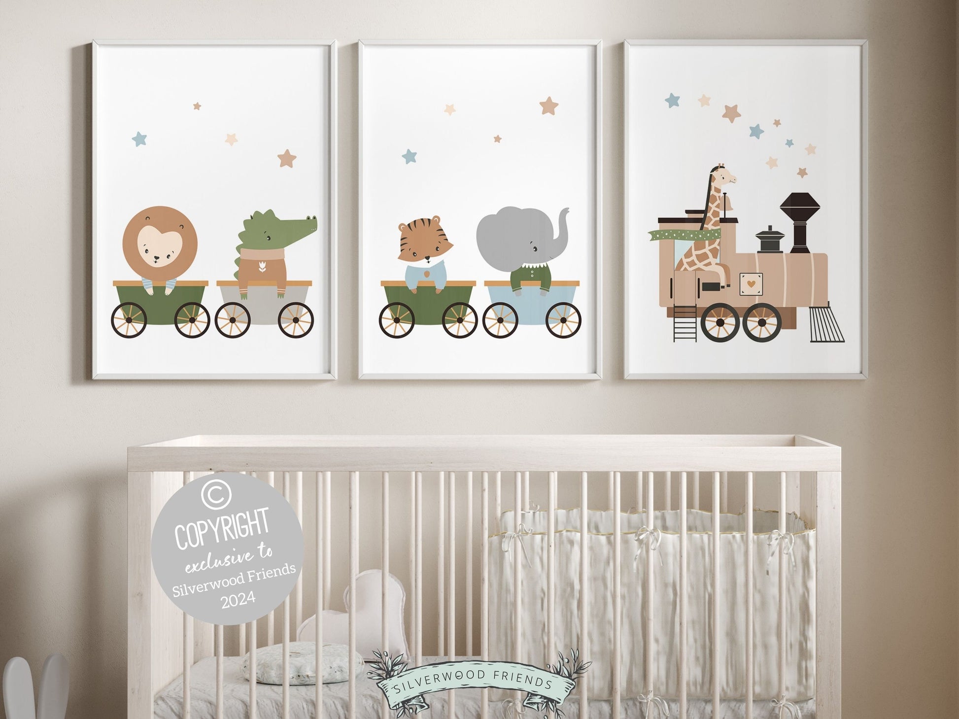 Safari Animal Nursery Train Print Set of 3, showcasing safari animals on a train. These delightful prints are perfect for your safari nursery decor or transport theme nursery, and also make a lovely safari baby shower gift.