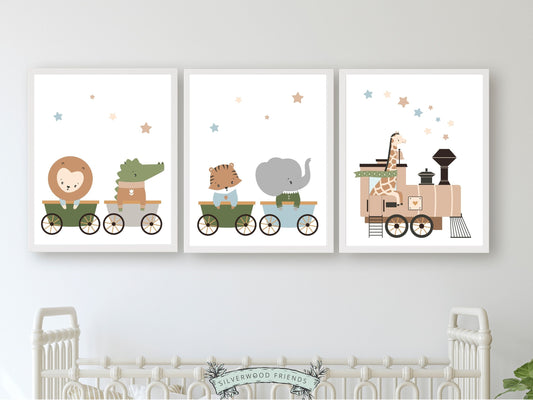 Safari Animal Train Nursery Prints, Jungle Animal Train Nursery Decor, Boys Toddler Transport Theme Room Safari Nursery Decor Digital Prints