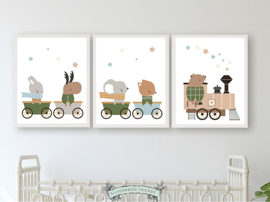 Woodland Animal Train Nursery Prints, Woodland Animal Train Nursery Decor, Boys Toddler Transport Theme Room, Travel Nursery Digital Prints