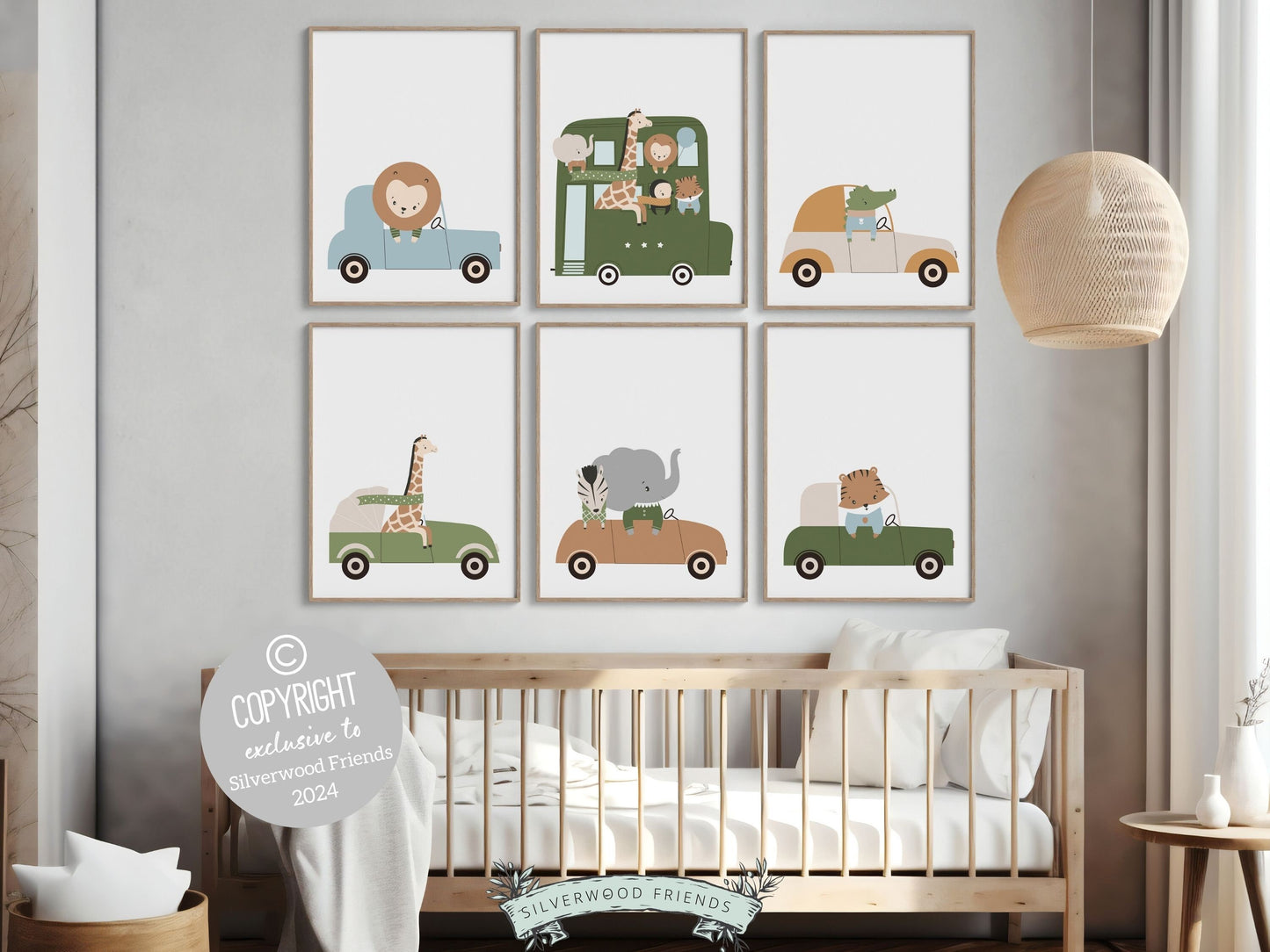 Safari Animal Nursery Prints Set of 6, showcasing safari animals driving cars. These delightful prints are perfect for your safari nursery decor or transport theme nursery, and also make a lovely safari baby shower gift.