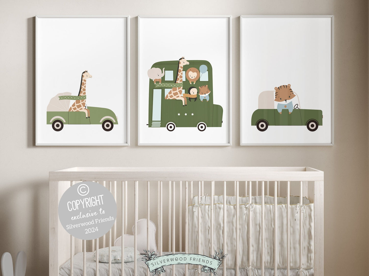 Safari Animal Nursery Prints Set of 3, showcasing safari animals driving green cars. These delightful prints are perfect for your safari nursery decor or transport theme nursery, and also make a lovely safari baby shower gift.