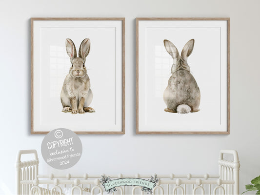 Bunny Nursery Print Set of 2, Bunny Rabbit Nursery Wall Art, Woodland Nursery Decor, Minimalist Neutral Nursery Bunny Tail Digital Print