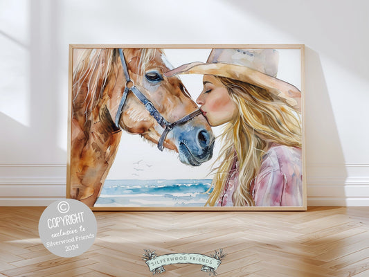 Embrace the timeless bond between cowgirl and horse with our enchanting watercolor print, capturing the spirit of adventure and freedom. Perfect for trendy western or coastal cowgirl decor, this charming digital print makes a unique housewarming gift