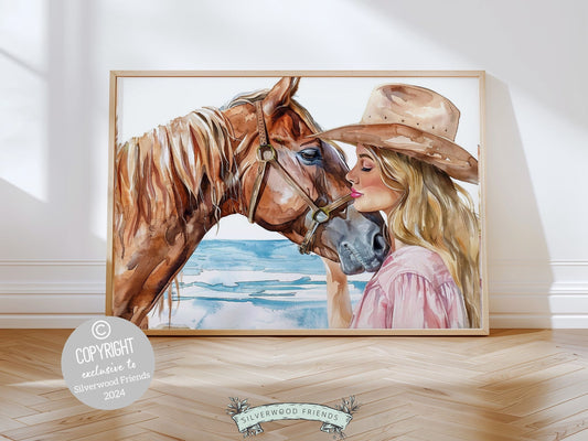 Embrace the timeless bond between cowgirl and horse with our enchanting watercolor print, capturing the spirit of adventure and freedom. Perfect for trendy western or coastal cowgirl decor, this digital print makes a unique housewarming gift.