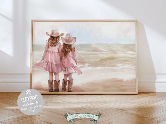 Celebrate the timeless bond between sisters with our enchanting watercolor cowgirl print, featuring cowgirl sisters standing on a beach. Perfect for your little ones space, this charming digital print also makes a heartfelt baby shower gift.