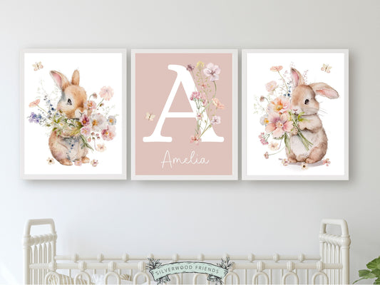 Bunny Nursery Prints, Floral Bunny Nursery Wall Art, Wildflower Bunny Rabbit Nursery Decor Girl,Baby Girl Floral Bunny Nursery Digital Print