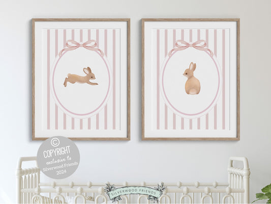 Bunny Nursery Print Set of 2, Bunny Rabbit Nursery Wall Art, Baby Girl Woodland Nursery Decor, Baby Girl Floral Bunny Nursery Digital Print