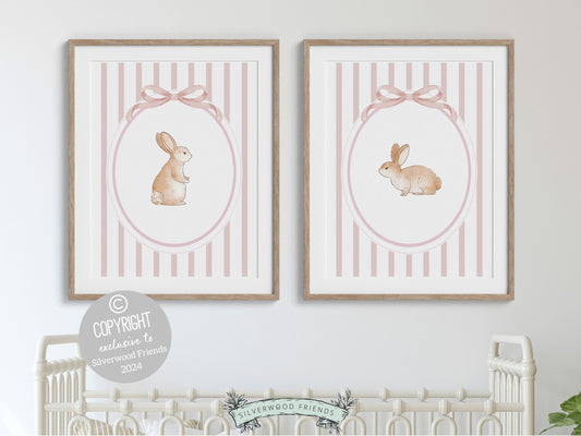 Our gorgeous baby girl Bunny Nursery Print Set, showcasing adorable bunny rabbits with pink stripes and bows, is perfect for your baby girls woodland nursery decor and makes a unique baby girl baby shower gift.