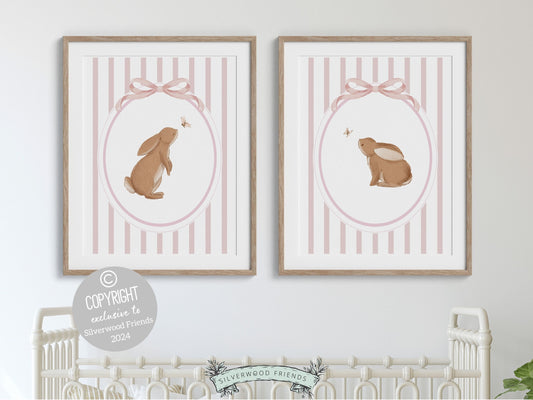 Our gorgeous baby girl Bunny Nursery Print Set, showcasing adorable bunny rabbits and butterflies with pink stripes and bows, is perfect for your baby girls woodland nursery decor and makes a unique baby girl baby shower gift.