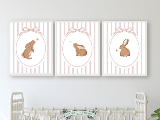 Baby Girl Bunny Nursery Prints, Bunny Rabbit Nursery Wall Art, Baby Girl Woodland Nursery Decor, Girls Pink Bedroom Wall Decor Digital Print