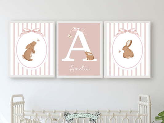 Baby Girl Bunny Nursery Prints, Bunny Nursery Wall Art, Baby Girl Pink Bunny Nursery Decor, Baby Woodland Animal Nursery Decor Digital Print