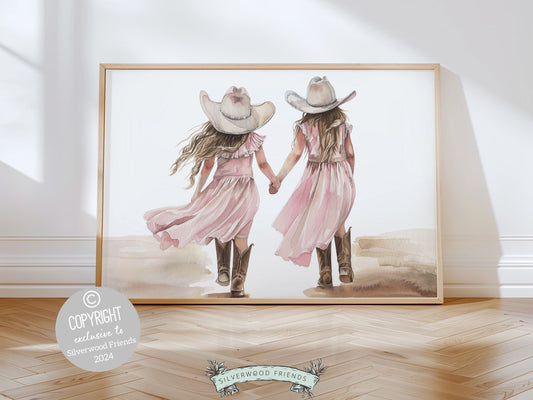 Celebrate the timeless bond between sisters with our enchanting watercolor cowgirl print, featuring cowgirl sisters walking on the beach. Perfect for your little ones space, this charming digital print also makes a heartfelt baby shower gift.