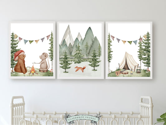 Camping Nursery Prints, Woodland Hiking Nursery Decor, Bear Nursery Wall Art, Nature Nursery Picture, Forest Mountains Nursery Digital Print