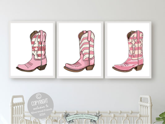 Pink Cowgirl Boot Prints, Girls Pink Cowgirl Nursery Decor, Baby Girl Western Nursery Decor, Baby Girl Horse Nursery Wall Art Digital Prints