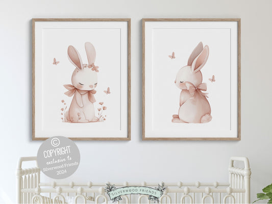 Bunny Nursery Prints, Floral Bunny Nursery Wall Art, Wildflower Nursery Decor, Girls Nursery Prints, Blush Pink Bunny Nursery Digital Prints