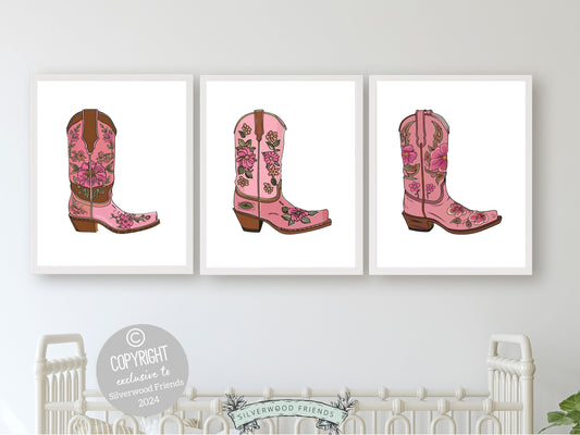 Pink Cowgirl Boot Prints, Girls Pink Cowgirl Nursery Decor, Floral Western Nursery Decor, Baby Girl Horse Nursery Wall Art Digital Prints