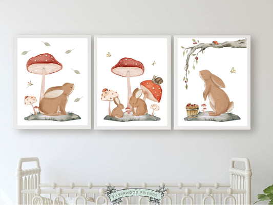 Woodland Bunny Mushroom Nursery Print, Woodland Bunny Mushroom Nursery Decor, Boho Kids Room Wall Decor Nature Nursery Theme Digital Prints