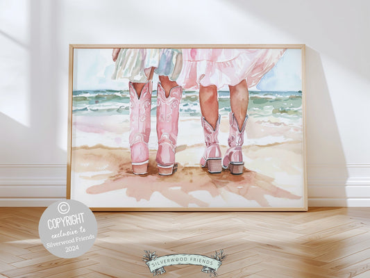 Celebrate the timeless bond between sisters or friends with our enchanting watercolor cowgirl print, featuring cowgirls walking on the beach. Perfect for your little ones space, this charming digital print also makes a heartfelt baby shower gift.