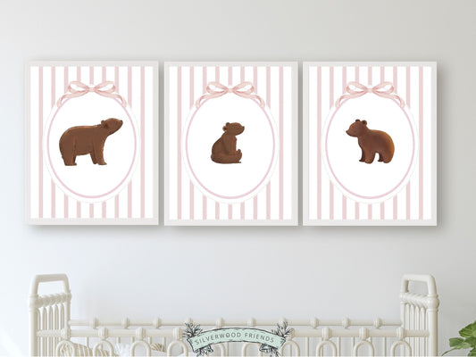 Bear Nursery Prints, Brown Bear Pink Nursery Decor, Teddy Bear Chinoiserie Nursery Wall Art, Woodland Bear Nursery Poster Digital Prints