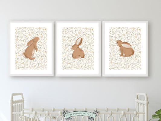 Bunny Nursery Print Set, Woodland Wildflower Bunny Nursery Decor, Floral Bunny Nursery Wall Art Printable Bunnies Wall Decor Digital Print