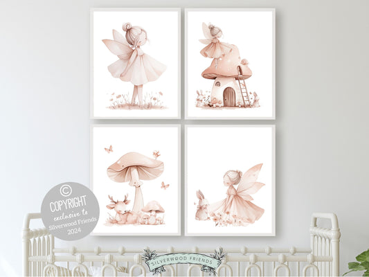 Embrace the enchantment with our delightful Fairy Nursery Prints featuring fairies, fairy house, bunnies, and wildflowers, the perfect adornment for your baby girls nursery decor or a cherished baby shower gift guaranteed to enchant.