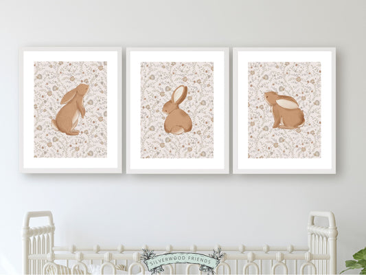 Bunny Nursery Print Set, Woodland Wildflower Bunny Nursery Decor, Floral Bunny Nursery Wall Art Printable Bunnies Wall Decor Digital Print