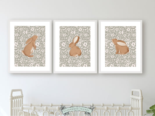 Bunny Nursery Print Set, Woodland Wildflower Bunny Nursery Decor, Floral Bunny Nursery Wall Art Printable Bunnies Wall Decor Digital Print