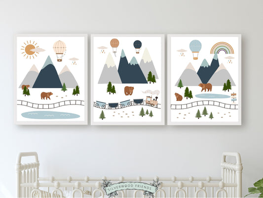 Boys Train Nursery Print, Transport Air Balloon Nursery Decor, Toddler Boy Adventure Room Wall Decor, Boys Train Rail Road Map Digital Print