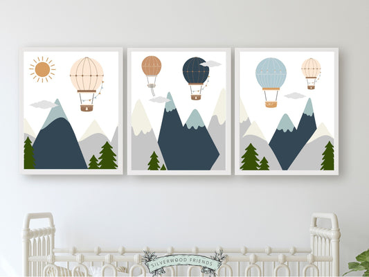 Hot Air Balloon Nursery Prints, Navy Blue Mountain Adventure Nursery Decor, Toddler Boys Transport Adventure Room Wall Decor Digital Prints