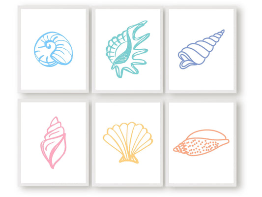 Seashell Coastal Prints, Beachy Wall Art, Pastel Ocean Nursery Print, Nautical Nursery Wall Art, Beach House Kids Room Decor Digital Prints