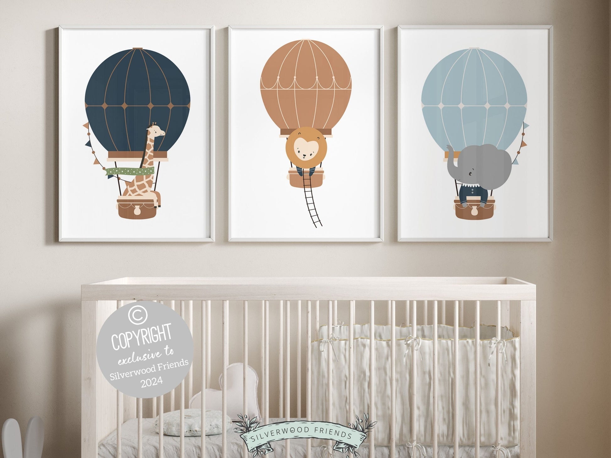 Hot Air Balloon Nursery Prints featuring safari animals giraffe, lion and elephant in hot air balloons in a calming blue and beige color palette. Perfect for your safari nursery decor or transport nursery and also makes a unique baby shower gift.