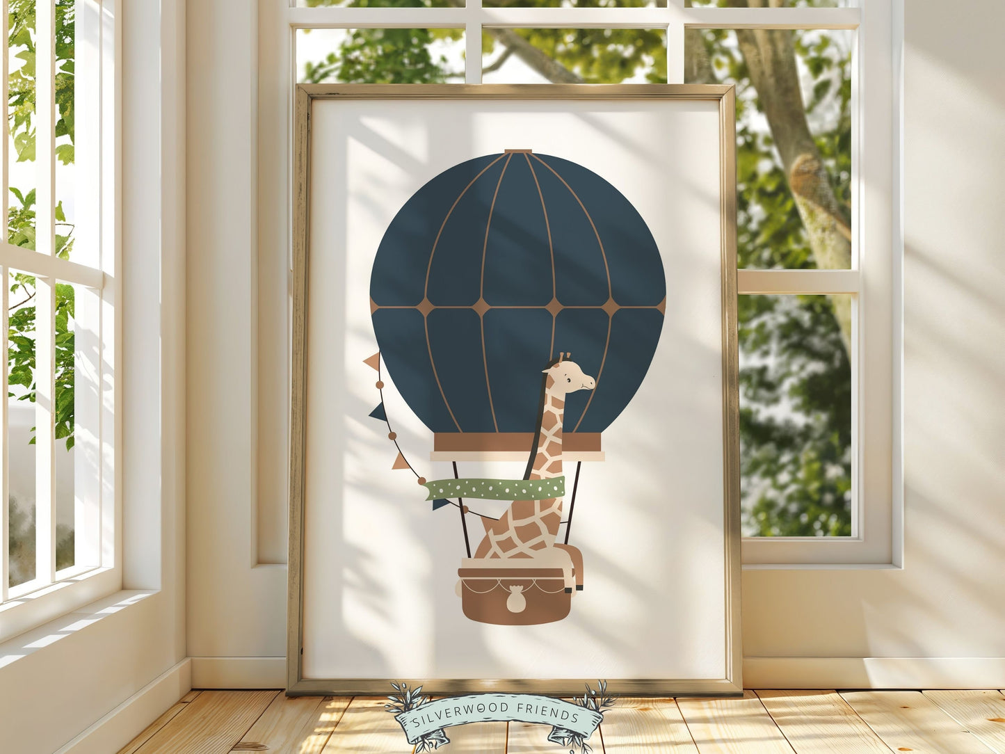 Hot Air Balloon Nursery Print, Safari Animal Nursery Decor,Navy Blue Jungle Nursery Wall Art Transport Adventure Theme Nursery Digital Print