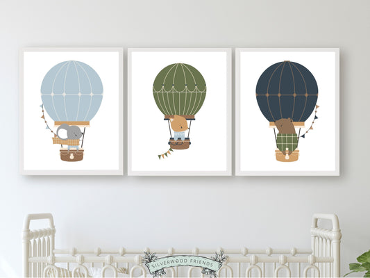 Hot Air Balloon Nursery Prints, Kids Woodland Animal Nursery Decor, Transport Nursery Wall Art, Boys Adventure Room Wall Decor Digital Print