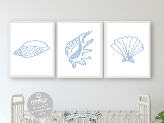 Blue Seashell Prints, Coastal Beachy Wall Art, Under The Sea Minimalist Nursery Wall Art,Beach House Kids Surf Room Wall Decor Digital Print