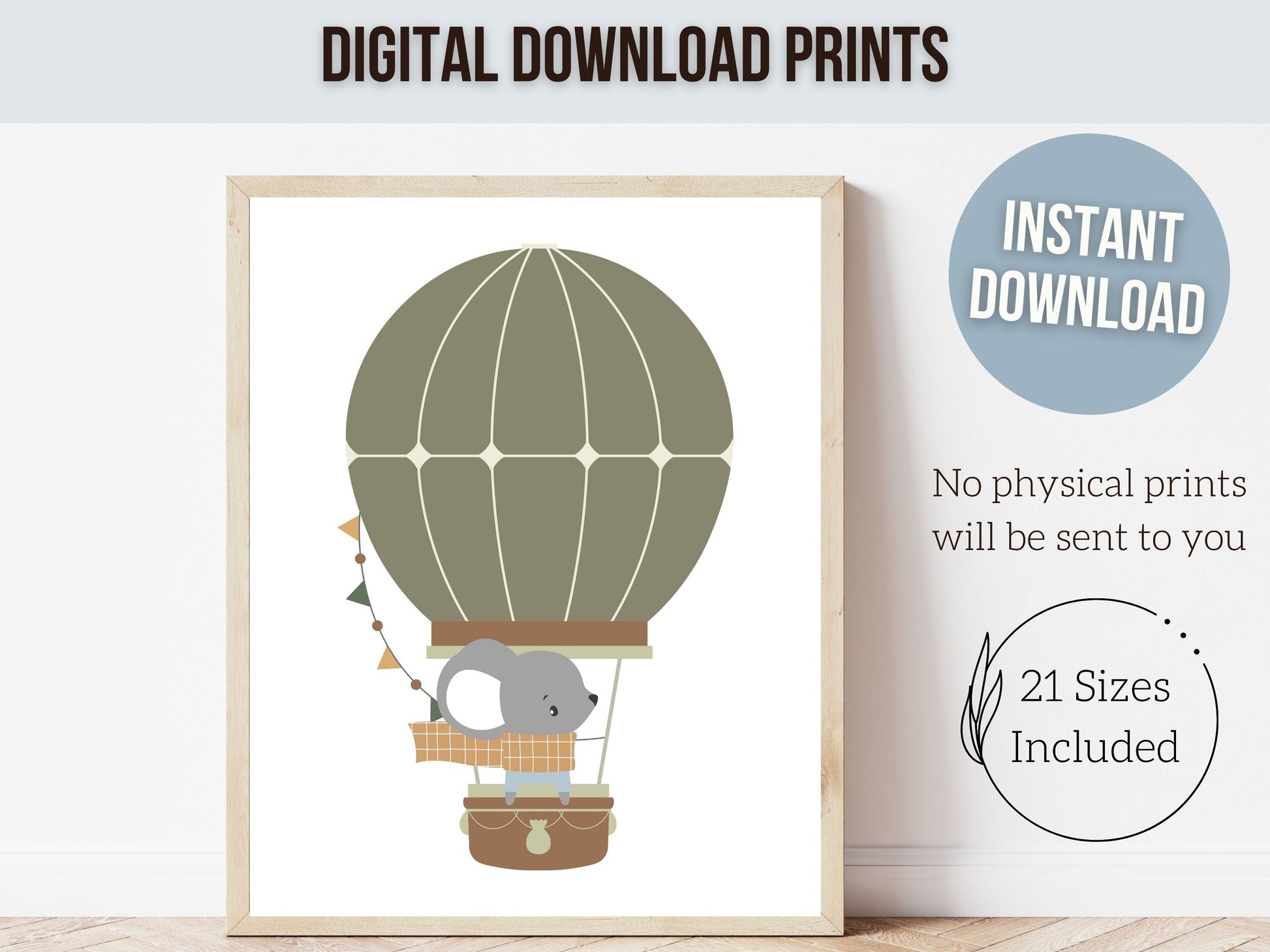 Hot Air Balloon Nursery Prints, Safari Animal Nursery Decor, Jungle Nursery Wall Art, Woodland Animal Balloon Nursery Decor Digital Prints