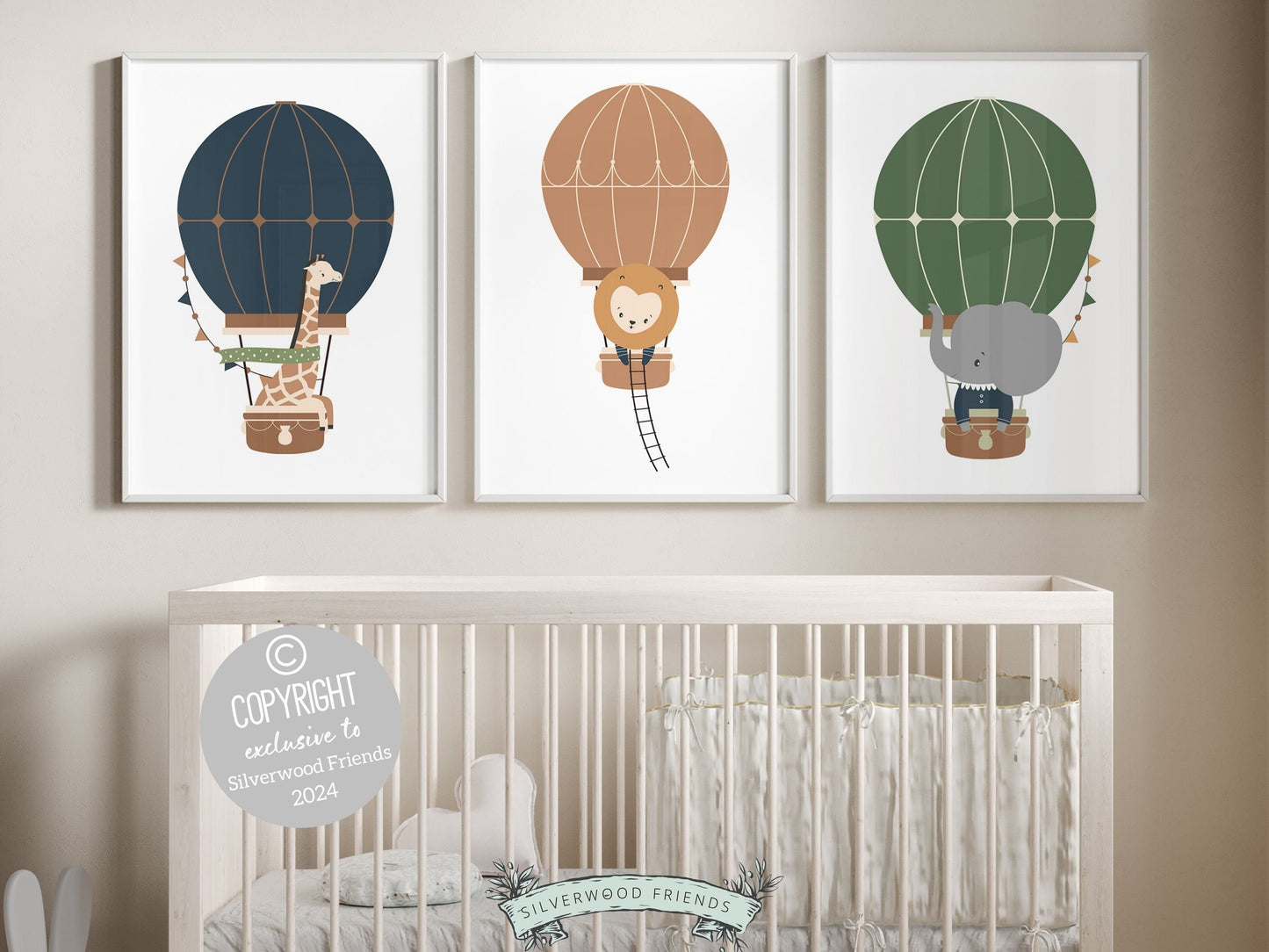 Hot Air Balloon Nursery Prints featuring safari animals giraffe, lion and elephant in hot air balloons in a calming green and blue color palette. Perfect for your safari nursery decor or transport nursery and also makes a unique baby shower gift