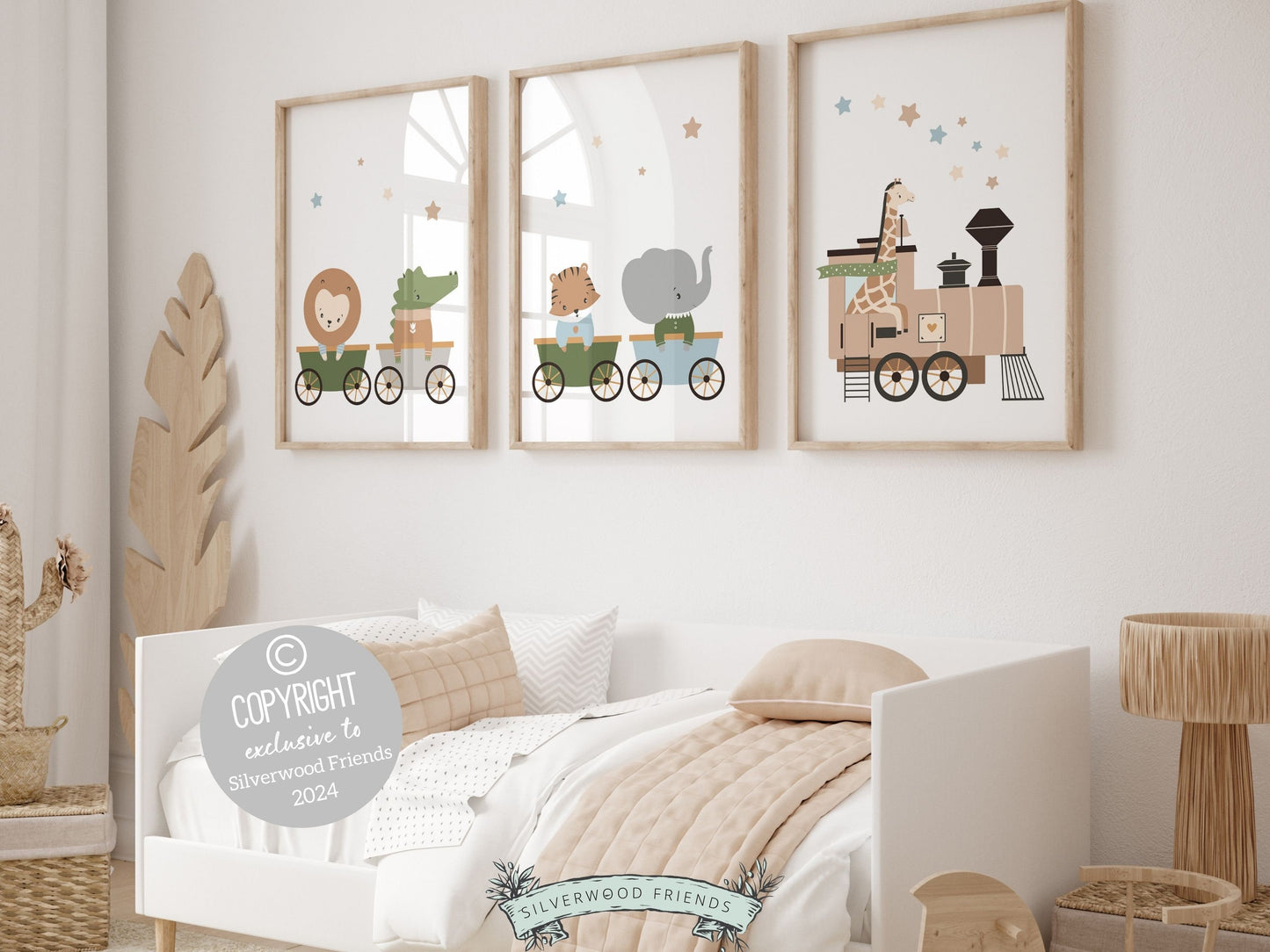 Safari Animal Nursery Train Print Set of 3, showcasing safari animals on a train. These delightful prints are perfect for your safari nursery decor or transport theme nursery, and also make a lovely safari baby shower gift.