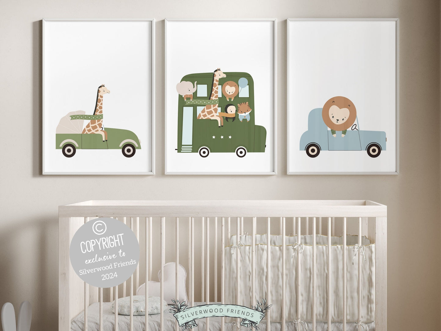 Safari Animal Nursery Prints Set of 3, showcasing safari animals driving cars. These delightful prints are perfect for your safari nursery decor or transport theme nursery, and also make a lovely safari baby shower gift.