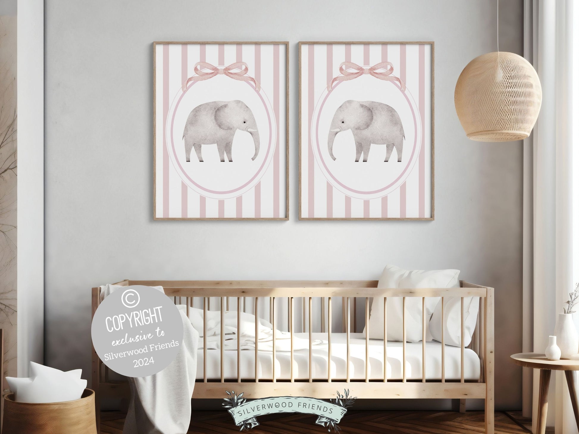 Elephant Nursery Print Set of 2, Pink Nursery Wall Art, Baby Girl Safari Nursery Decor, Baby Girl Pink Jungle Animal Nursery Digital Print