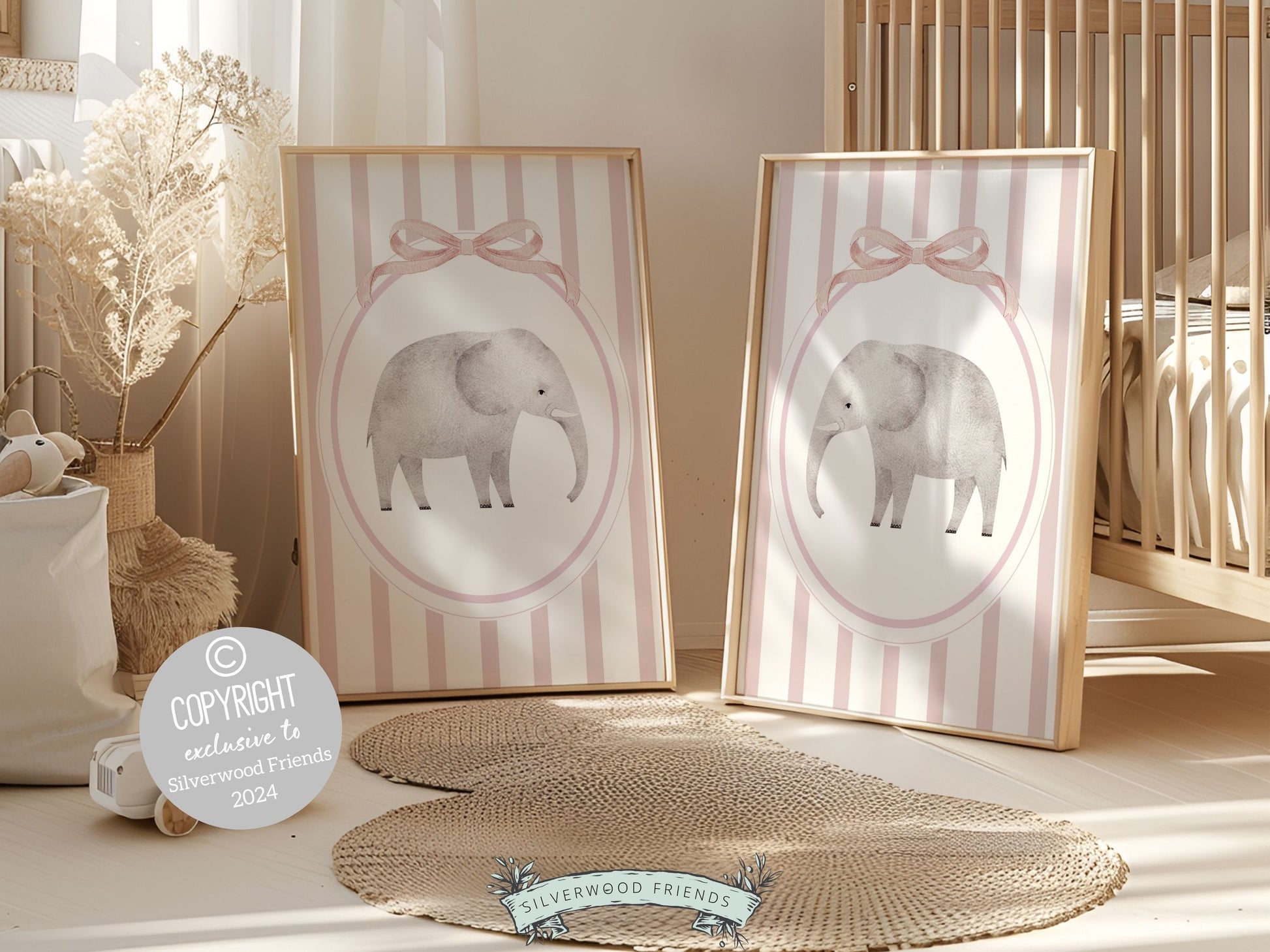 Our gorgeous baby girl Elephant Nursery Print Set, showcasing adorable elephants with pink stripes and bow, is perfect for your baby girls safari nursery decor and makes a unique baby girl baby shower gift.