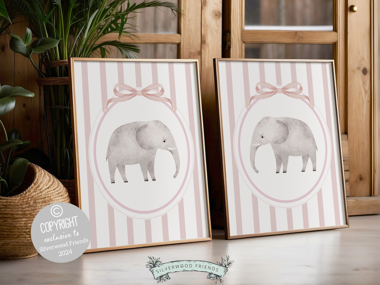 Elephant Nursery Print Set of 2, Pink Nursery Wall Art, Baby Girl Safari Nursery Decor, Baby Girl Pink Jungle Animal Nursery Digital Print