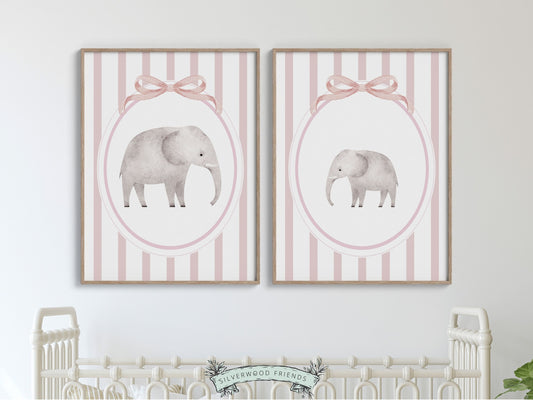 Elephant Nursery Print Set of 2, Pink Nursery Wall Art, Baby Girl Safari Nursery Decor, Baby Girl Pink Jungle Animal Nursery Digital Print