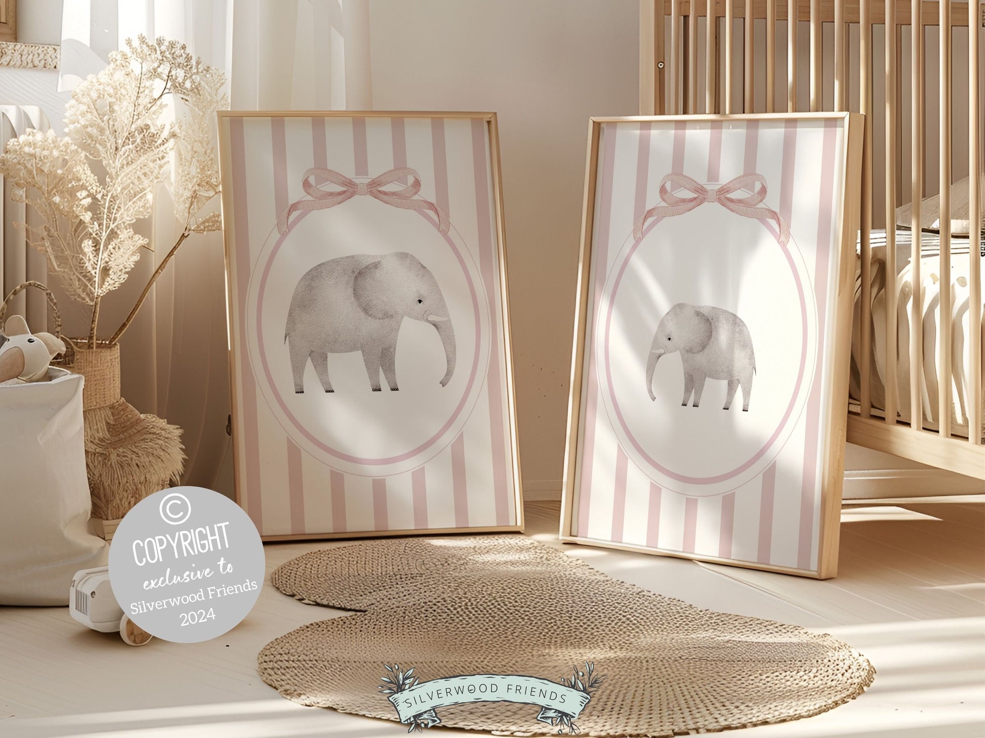 Our gorgeous baby girl Elephant Nursery Print Set, showcasing adorable mommy and me elephants with pink stripes and bow, is perfect for your baby girls safari nursery decor and makes a unique baby girl baby shower gift.