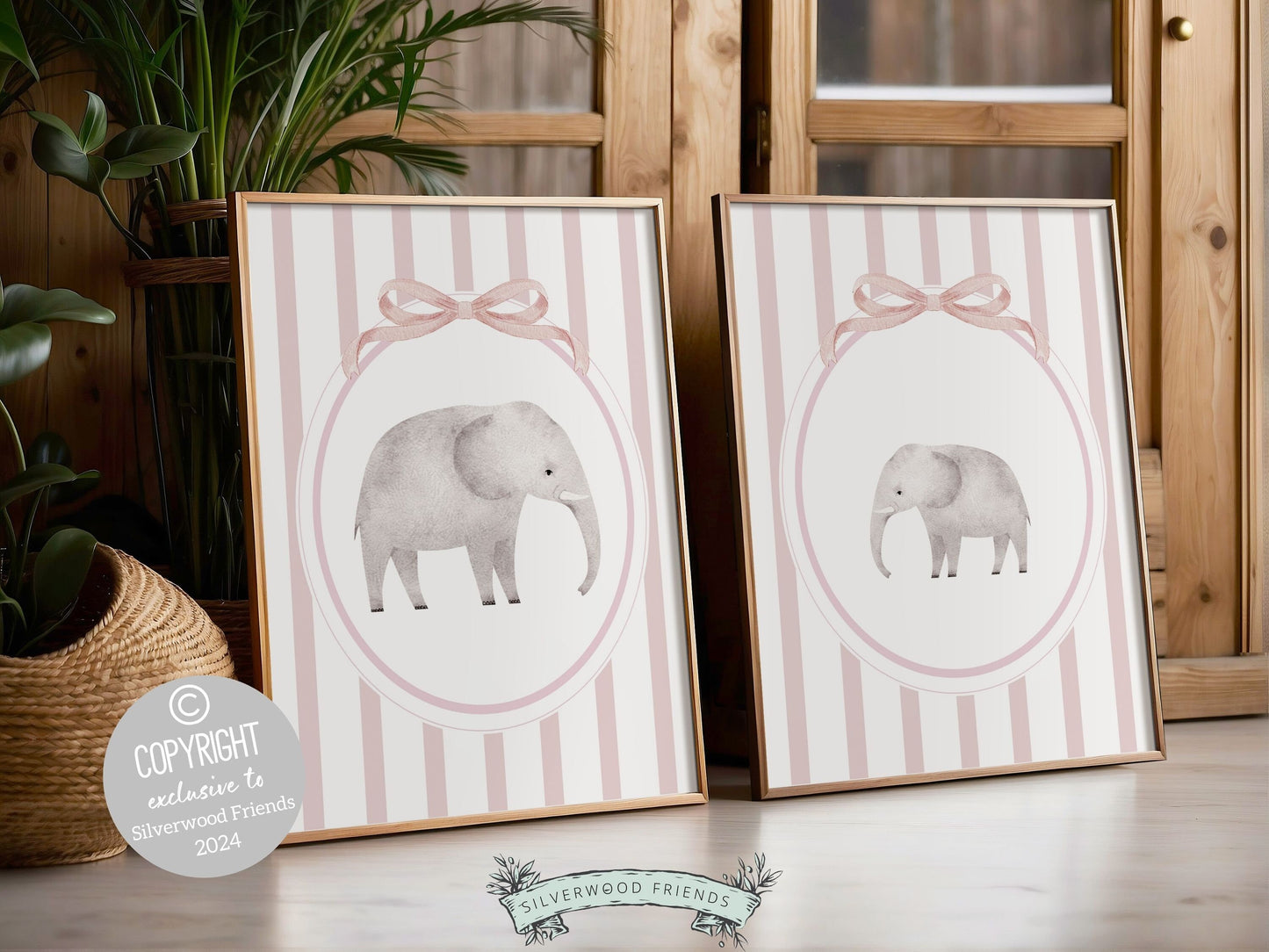 Elephant Nursery Print Set of 2, Pink Nursery Wall Art, Baby Girl Safari Nursery Decor, Baby Girl Pink Jungle Animal Nursery Digital Print