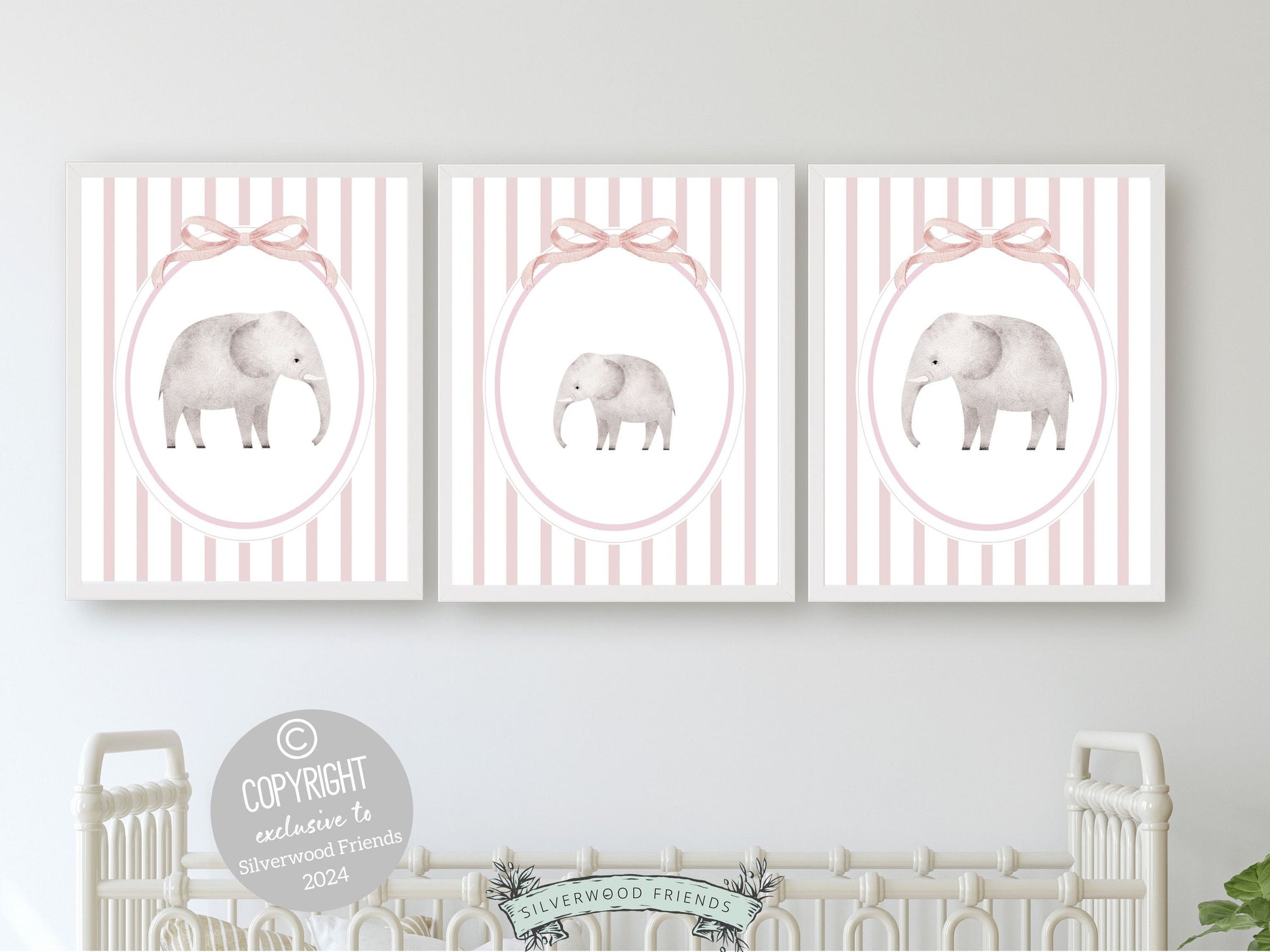 Elephant Nursery Print Set of 3, Pink Nursery Wall Art, Baby Girl Safari Nursery Decor, Baby Girl Pink Jungle Animal Nursery Digital Print