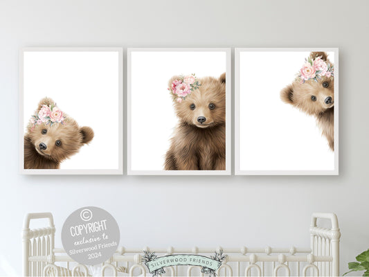 Peeking Bear Nursery Print, Floral Bear Nursery Decor, Baby Girl Wildflower Woodland Nursery Decor, Baby Bear Nursery Wall Art Digital Print