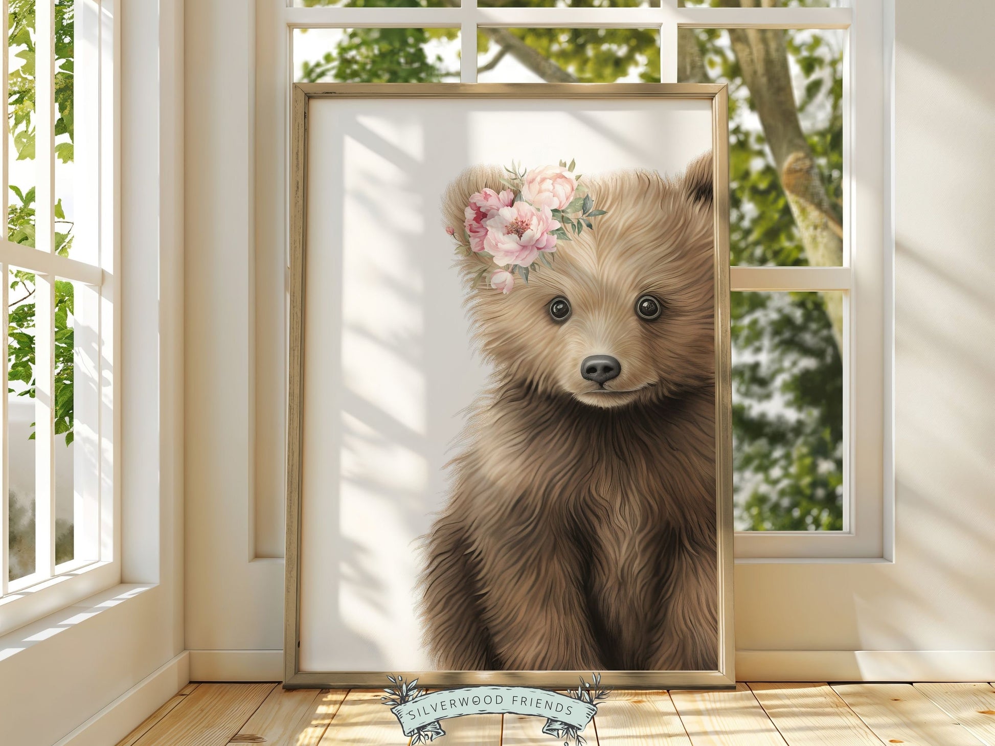 Peeking Bear Nursery Print, Floral Bear Nursery Decor, Baby Girl Wildflower Woodland Nursery Decor, Baby Bear Nursery Wall Art Digital Print