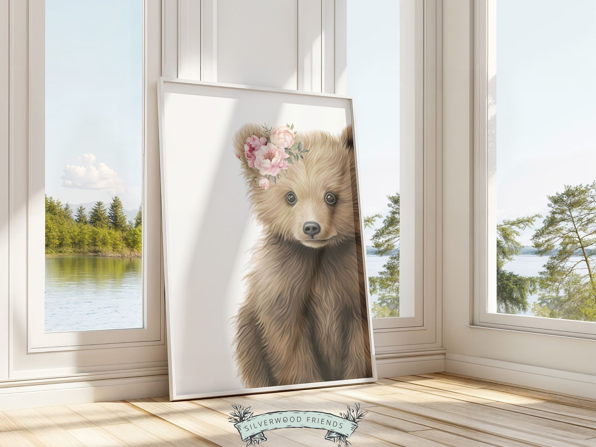 Peeking Bear Nursery Print, Floral Bear Nursery Decor, Baby Girl Wildflower Woodland Nursery Decor, Baby Bear Nursery Wall Art Digital Print