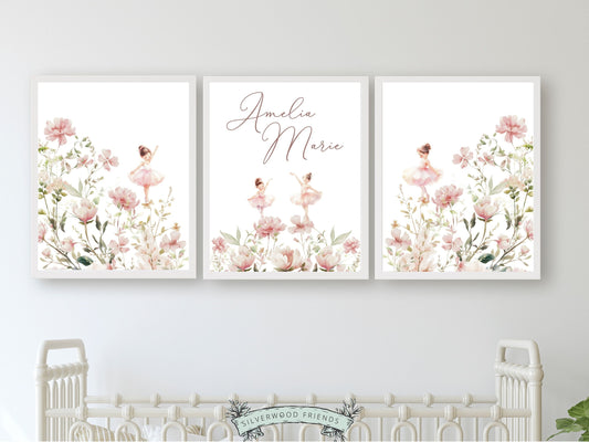 Baby Girls Ballet Nursery Prints, Ballerina Wildflower Nursery Decor, Pink Ballet Nursery Wall Art, Floral Wildflower Nursery Digital Print